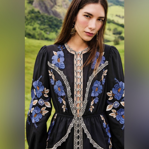 Farm Rio: Black Bold Flowers Long Sleeve Midi Dress - Picture 3 of 16